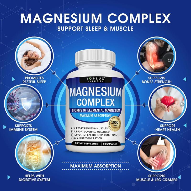 Magnesium Complex 8-Form Magnesium Supplement for Sleep, Muscle & Bone Support – High Absorption Vegan Capsules – Non-GMO – Supports Daily Wellness | 90 capsule healthcare fitness dietary | daily nutrient support | boost immunity Edible Natural