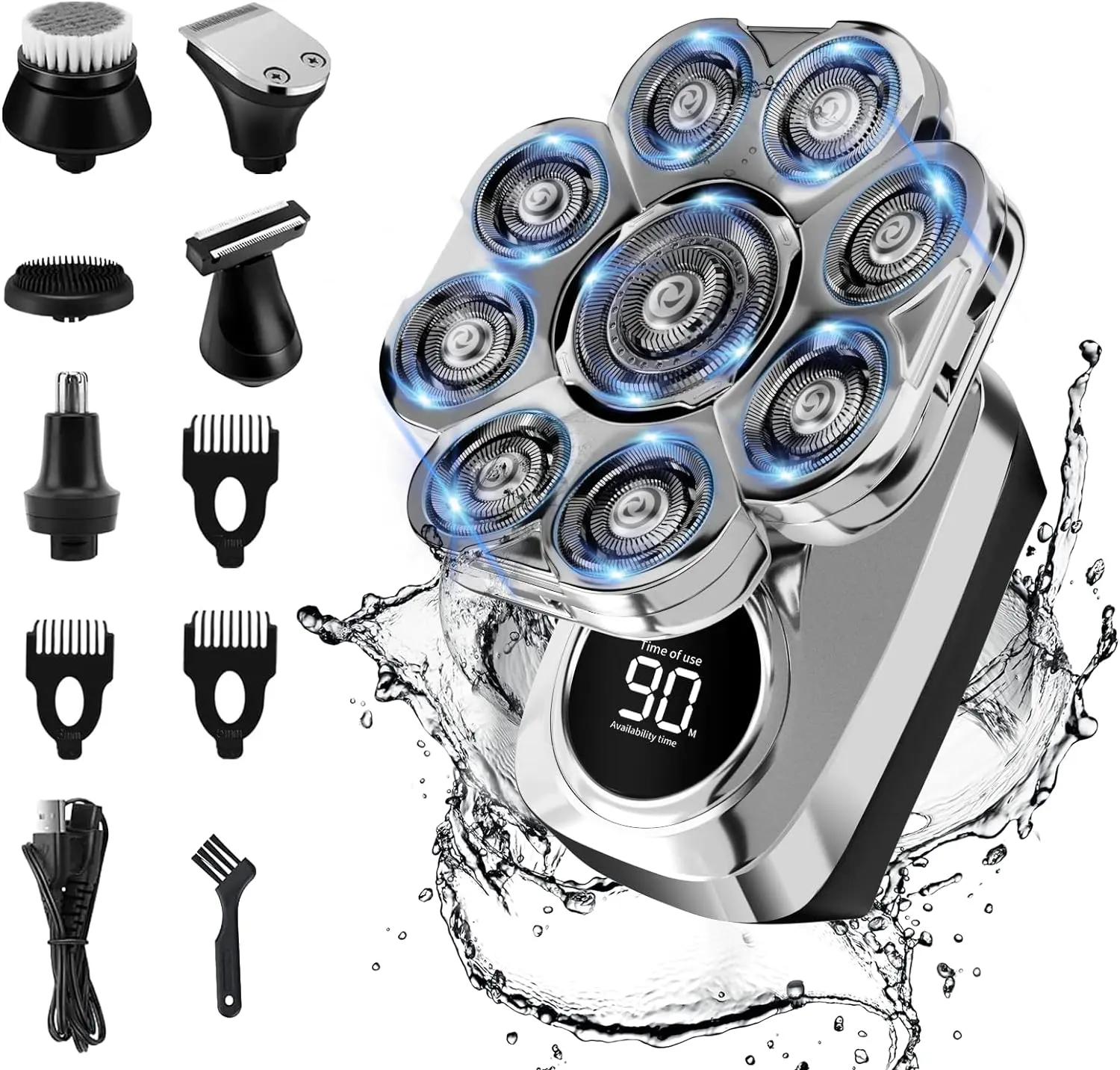 9D Detachable Bald Head Shaver for Men, Upgraded Waterproof 6-in-1 Wet & Dry Electric Razor for Men, 360° Close Shave with LED Display & Type-C Charging