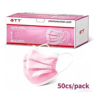 50pcs/1pack Pink, 3‑Layer GTT Disposable Face Masks Protection for Adults, ≥95% Filtration, Soft Elastic Ear Loops, Breathable Daily Cover for Home Office Travel School