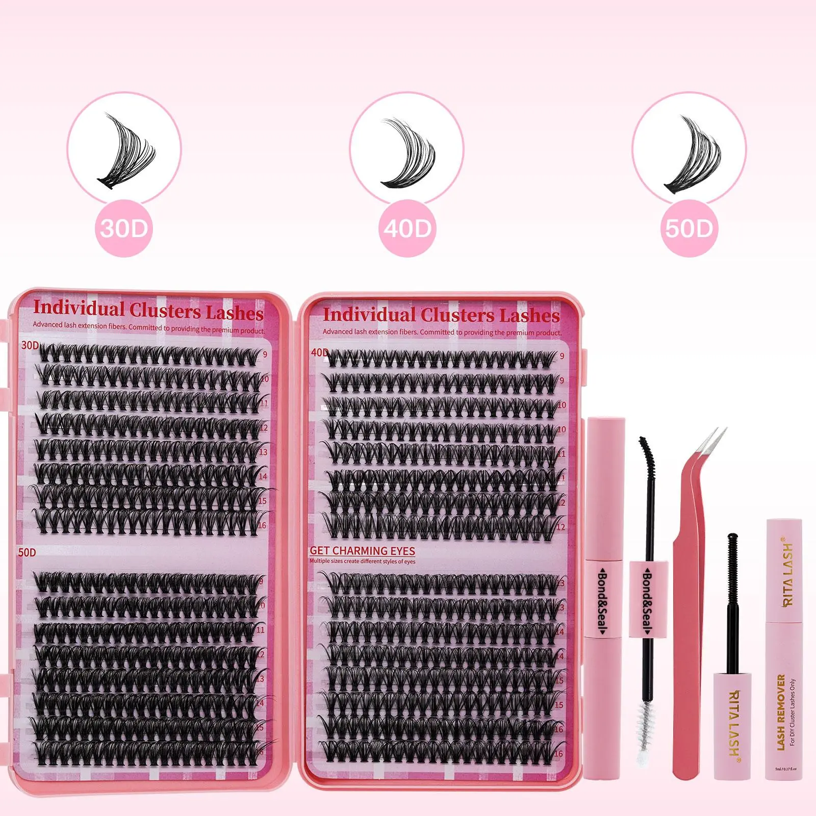 Individual False Eyelashes & Lash Glue & Tweezers Kit, Lashes Extension Set, 640pcs/box D Curl 30D 40D 50D Cluster Lash for Eyelash Extensions, False Lashes for Eye Makeup Enhancement, Diy Lash Kit