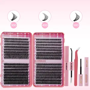 Individual False Eyelashes & Lash Glue & Tweezers Kit, Lashes Extension Set, 640pcs/box D Curl 30D 40D 50D Cluster Lash for Eyelash Extensions, False Lashes for Eye Makeup Enhancement