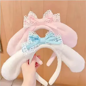 Cute Bowknot Big Ears Bunny Ears Plush Animal Ear Hairband, Adorable Headband for Women and Girls, Daily Wear Photography Accessory, Cute Cartoon Bowknot, Fluffy Rabbit Ear