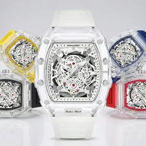 Men's Luxury Transparent Waterproof Barrel-Shaped Tonneau Skeleton Quartz Watch with Calendar Display & Luminous Markers Water Resistant Wristwatch for Daily Party & Outdoor Use Great Birthday Gift Idea with Tin Box Included summervibes