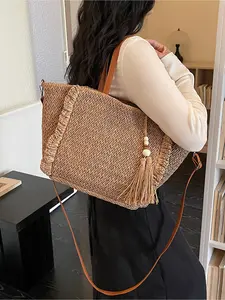 French Fringe Tassel Straw Tote Bag MultiWear Design Underarm Bag for Commute Vacation Large Capacity Shoulder Crossbody Bag for Women