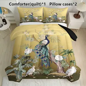 Chinoiserie Peacock Bedding Set, Includes 1 Comforter & 2 Pillowcases, Floral Bird Decor, Feather Silk Cotton Material
