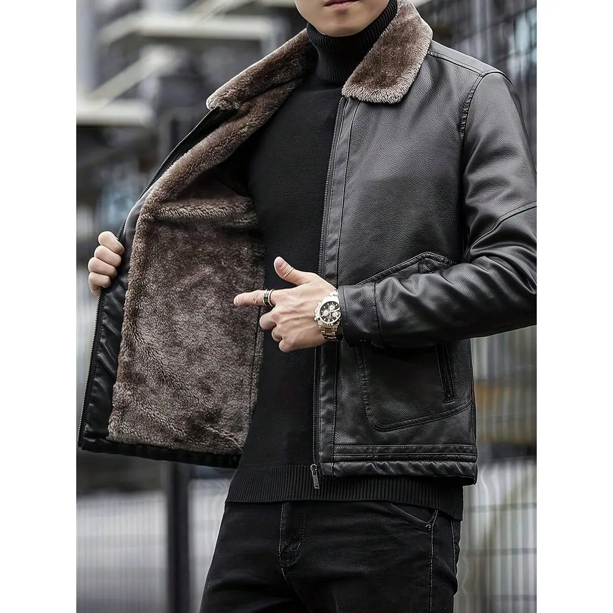 Men's Western Style Fleece-Lined PU Leather Jacket - Loose Fit, Long Sleeve, Plain Polyester, Collared Neck, Regular Hem, Zipper, Pockets, Autumn Winter Menswear Top, Fabric Note: Do Not Dry Clean