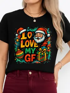 Christmas T-Shirt Black I Love My GF Santa & Gifts Design Holiday Party Personalized Crewneck Tee Unisex All Seasons Breathable Versatile Fit Plus Size Made in USA Cotton Everyday