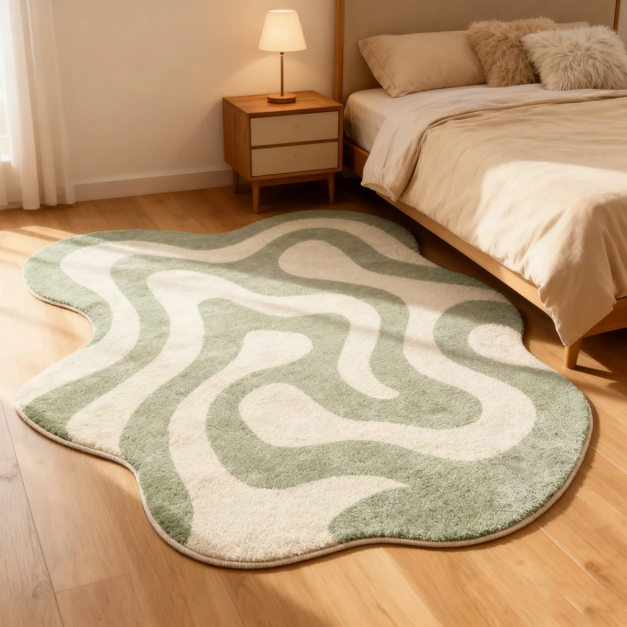 Trendy Cream Wind Style Irregular Outline Light Flowing Wave High Density Lamb Wool Rug, Fluffy Area Rug, Soft Plush Bedroom Mat, Decorative Area Rug, Home Decorative Rug