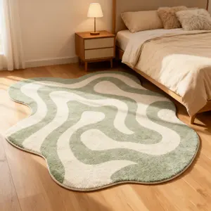 Trendy Cream Wind Style Irregular Outline Light Flowing Wave High Density Lamb Wool Rug, Fluffy Area Rug, Soft Plush Bedroom Mat