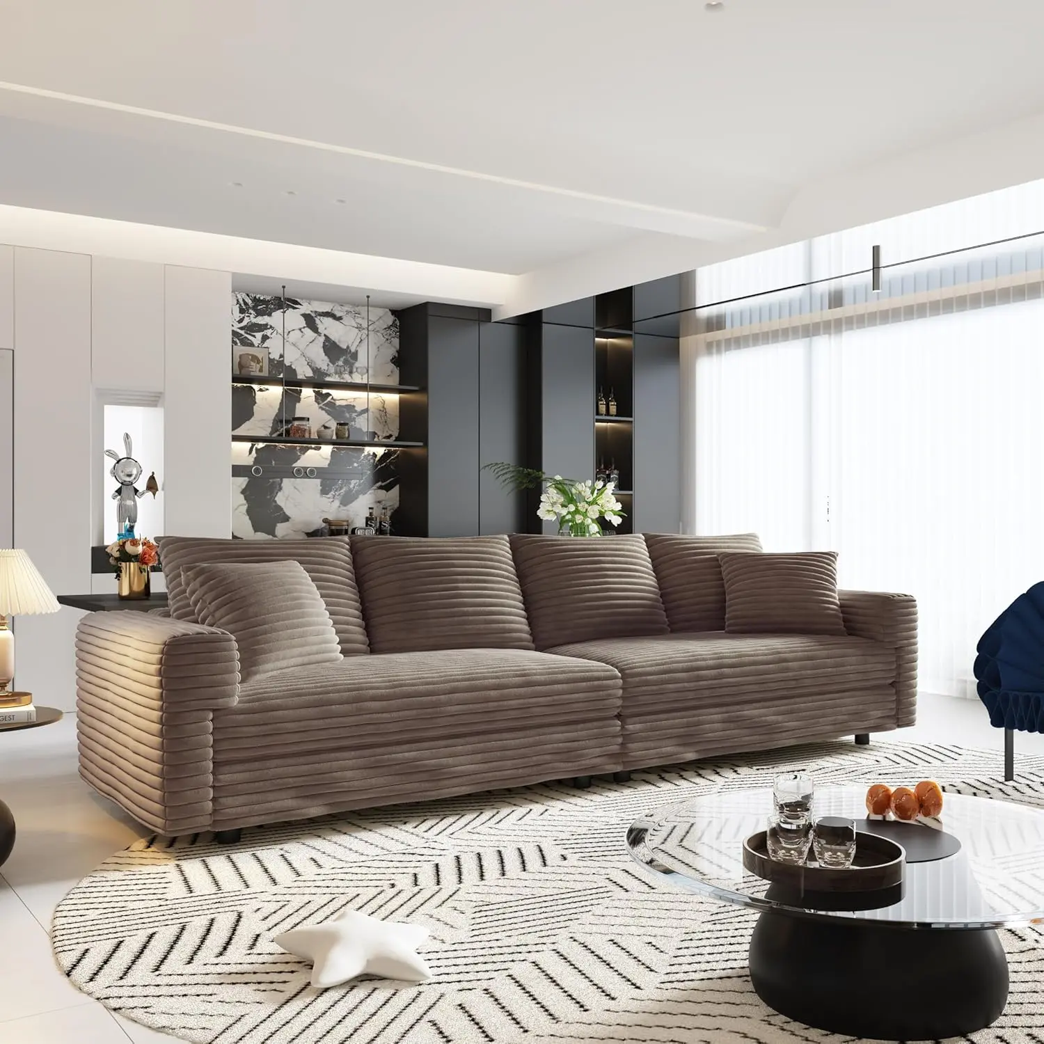 102.4'' Cloud Couch Sectional, Modern Fluffy Couch with 6 Soft Pillows, Corduroy 4-Seat, Oversized Chaise Lounge Sleeper for Living Room, Apartment (Camel)
