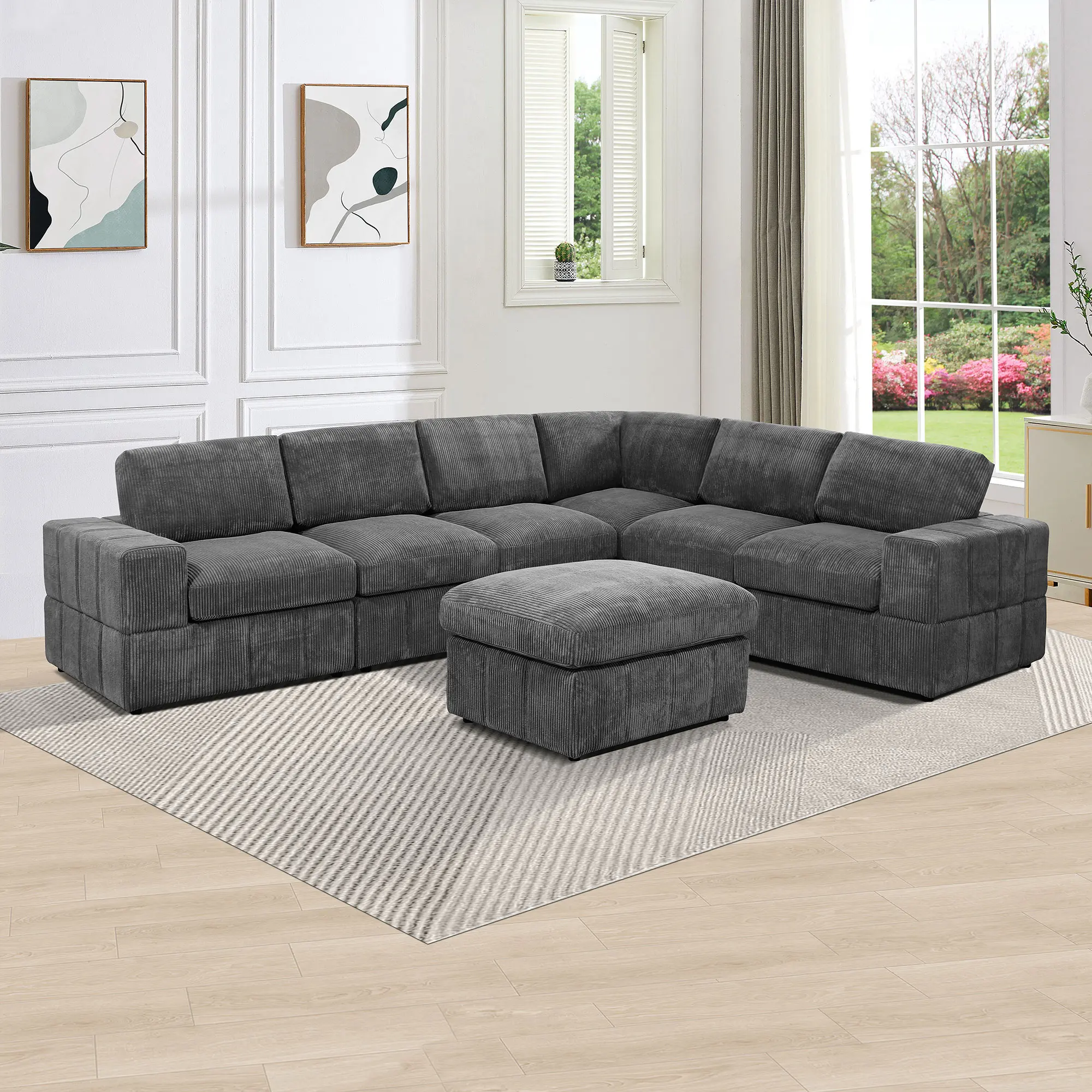 Dark Grey Corduroy 7-Piece Configurable Modular Sectional Sofa - Modern Comfortable Cotton Upholstered Furniture-Style Sofa Set for Living Room Sofas, Apartment Home Use, Furniture-Style Sofa Sets
