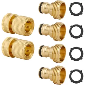 Quick Connect Hose Fittings, Garden Hose Quick Connect Kit, Solid Brass Standard 3/4 Inch GHT Thread Fitting No-Leak Water Hose Female and Male Adapter (6 pc Connect Set)