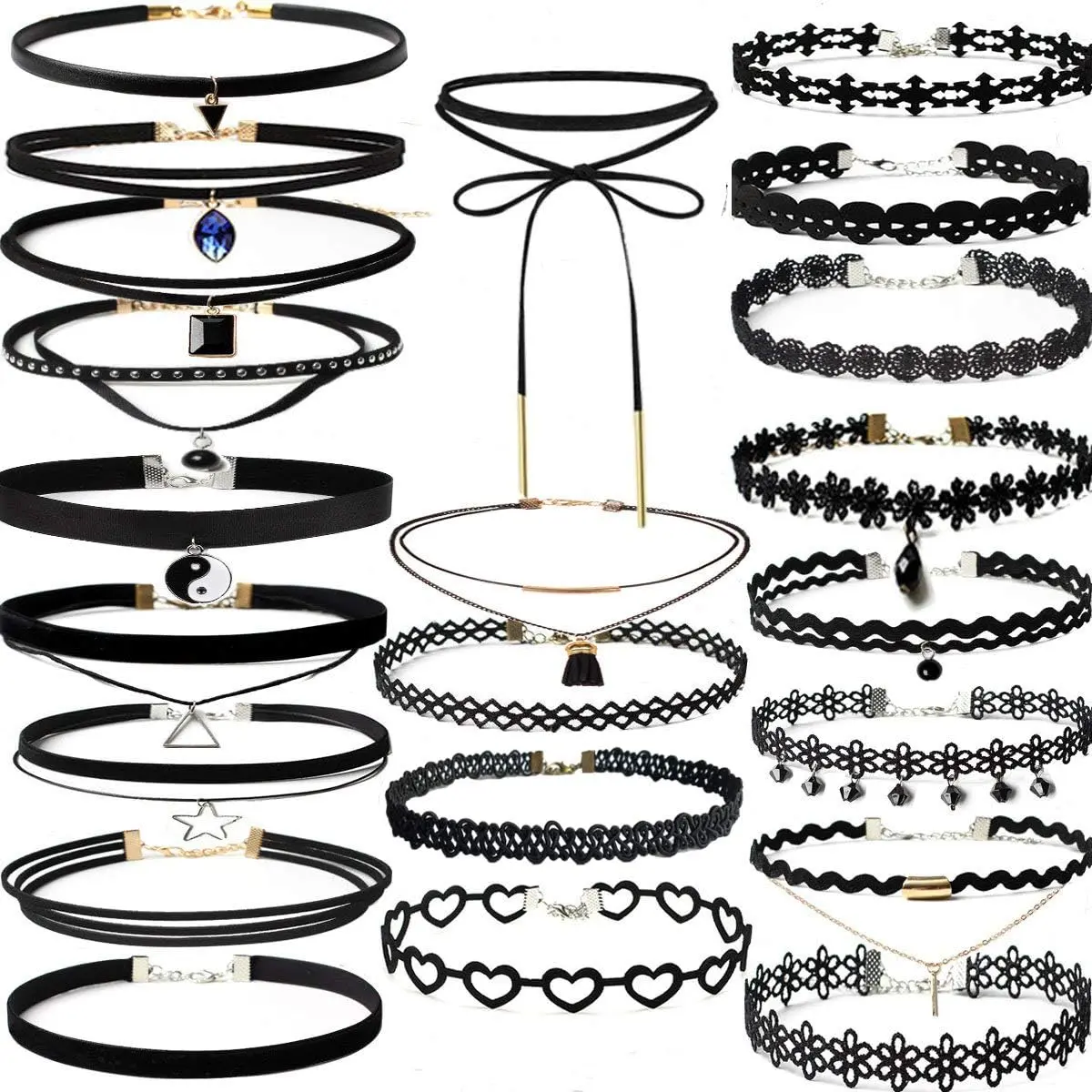 22 Pcs Black Velvet Choker Set for Women, Gothic Lace Necklace Adjustable
