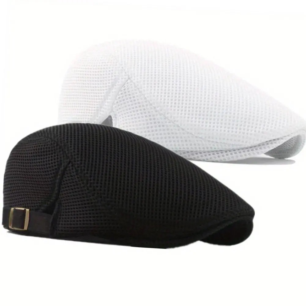 2pcs Men Breathable Mesh Flat Cap - Summer Newsboy Hat with Adjustable Strap, Lightweight Polyester Beret for Driving, Hunting & Casual Wear | Versatile Headgear | Adjustable Fit Cap Suitable for Teens, Men and Women
