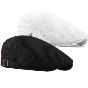 2pcs Men Breathable Mesh Flat Cap - Summer Newsboy Hat with Adjustable Strap, Lightweight Polyester Beret for Driving, Hunting & Casual Wear | Versatile Headgear | Adjustable Fit Cap Suitable for Teens, Men and Women