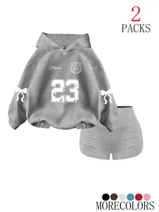 Women's Fall Winter Hooded Drawstring Fitted Sweatshirt Set, Fashionable Simple Design with Tree Branch Print, Casual Wear for Daily Use