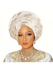 Feather Embroidered Gold Nigerian Wedding Heavywork Layered African Headwrap Hat