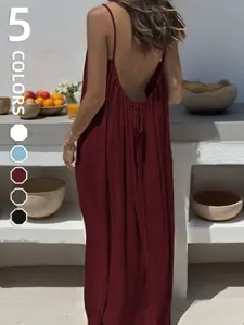 French Vintage Backless Halter Long Dress, Summer Elegant Chic Slimming Versatile Waist Cinch Dress, Slimming Tall Versatile Long Dress, Casual Wear