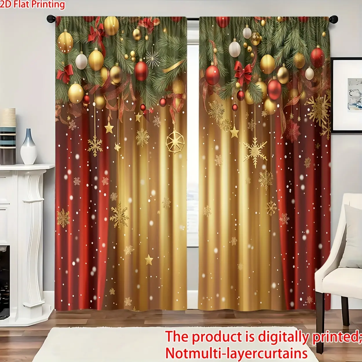 2-piece set, 2D plane, Christmas-themed red curtains, golden snowflake and golden ball pine branch design, translucent polyester material, suitable for bedroom, living room, study, office home decoration, suitable for Christmas decoration