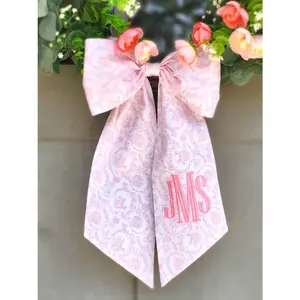 Pink Chinoiserie Embroidered Bow: Monogrammed Wreath Sash, Baby Shower Decor, Custom Pink Toile Wedding Ribbon, Girl Bedroom Decor
