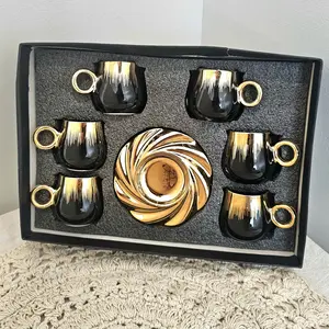 Luxury Arabic Coffee Cup Set 6 Pieces with Gold Accents Elegant Design Black & Gold Coffee Mug Collection