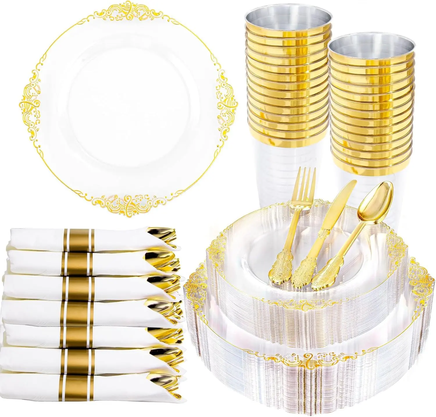 210 Pcs Clear Gold Party Plates Set for 30 Guests, Includes 60 Heavy-duty Plates, 30 Pre Rolled Silverware, 30 Cups, Disposable, Floral