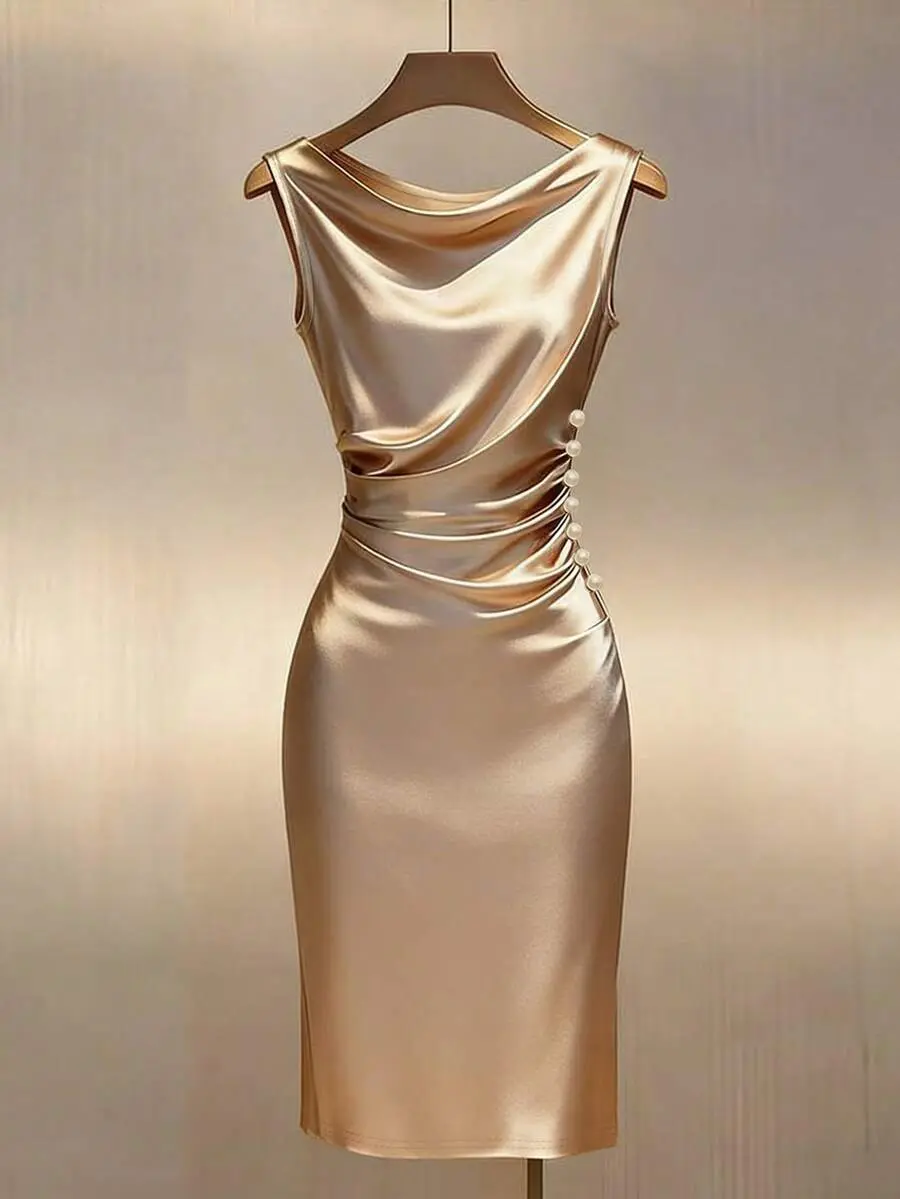 Champagne Gold Satin Draped Neck Sleeveless Fitted Dress Satin DressBack to school outfit