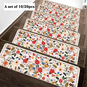 Floral Pattern Stair Mat, Non-slip Soft Stair Rug, Decorative Carpet for Home Living Room Bedroom Stairway