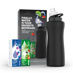 32oz Matte Black Stainless Steel Water Bottle Starter Kit with Black Lid and 2 Flavor Cartridges (Blueberry Grape & Kiwi Berry)