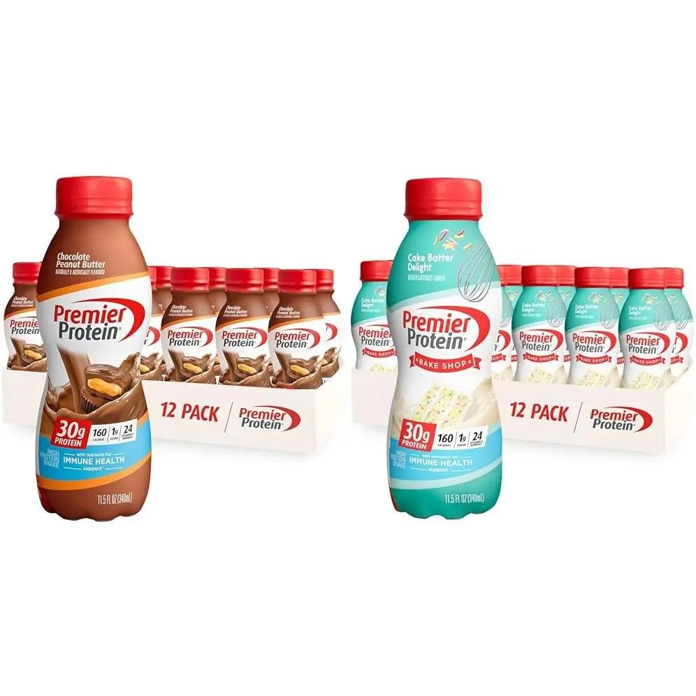 Premier Protein Shake, Chocolate Peanut Butter  Cake Batter Flavors, 30g Protein, 1g Sugar, 24 Vitamins  Minerals, 12 Count