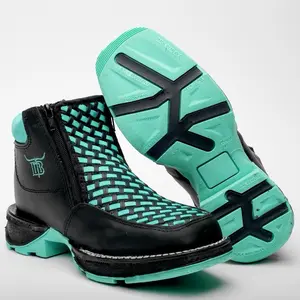 Black/Mint Green Basketweave Leather Botin With 3D Lightweight Soles - Square Toe