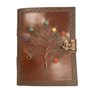 Tree of Life with 7-Chakra Stones Leather Journal, Handmade Paper, 6×8 Inch