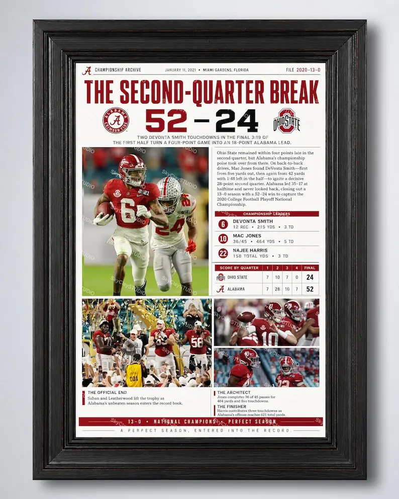 [Unframed Poster] 2020 Alabama Crimson Tide National Championship DeVonta Smith 52-24 College Football Sports Wall Art