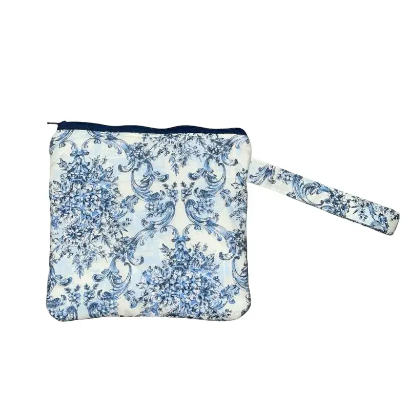 Handmade 8x8 Bridgerton Aesthetic Wristlet Blue Floral Regency Purse Toile Fabric Zipper Pouch with Elegant Design