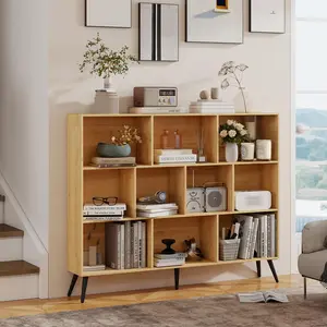 Spacious 10-Cube Wooden Record Player Stand & Bookshelf – Freestanding 3-Tier Open Storage Cabinet – Vinyl Display Organizer with Sturdy Legs – Modern Office, Living Room, Home Decor – Natural Brown