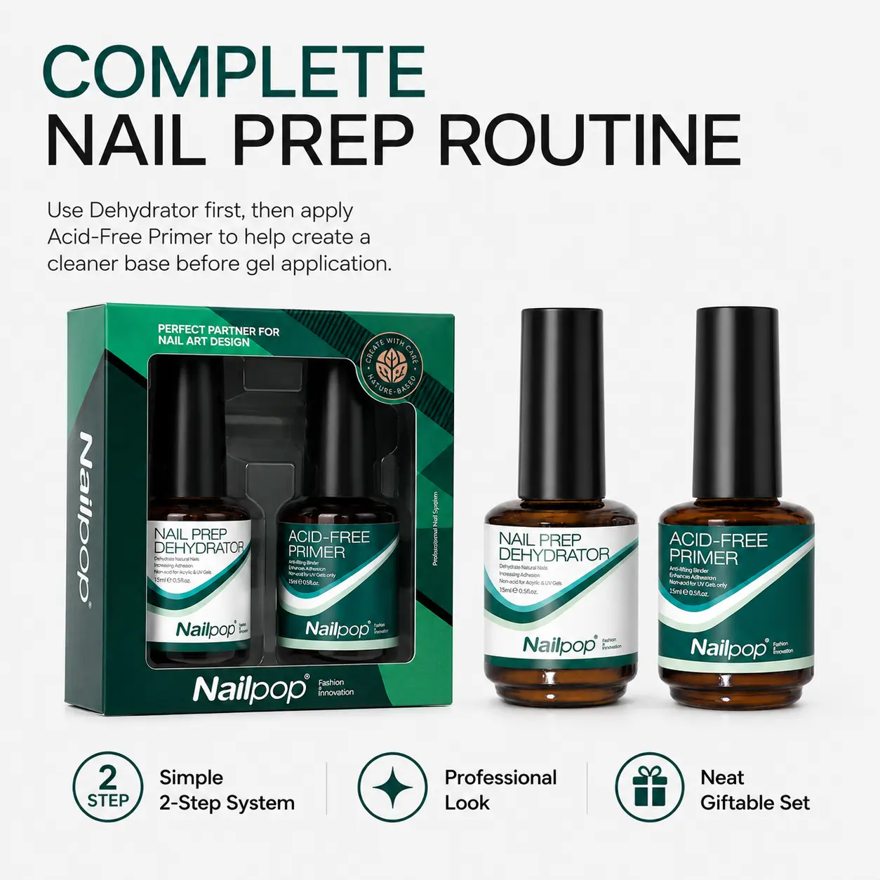 Professional 2-Piece Acid-Free Nail Primer & Dehydrator Kit (2x15ml) – Salon & Daily Manicure Prep for Strong Adhesion, No-Lift Gel & Acrylic Nails, Brush-Compatible Polish Application, Nail Polish, Beauty Products
