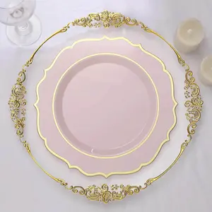10-Pack Plastic 10" Round Dinner Plates in Blush with Gold Scalloped Rim - Disposable Party Plates