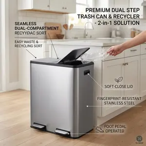 Garvee 16 Gallon Dual Trash Can 60L Stainless Steel Recycling Bin With 2 Independent Pedals and Soft Close Lids For Kitchen Restaurant Garage