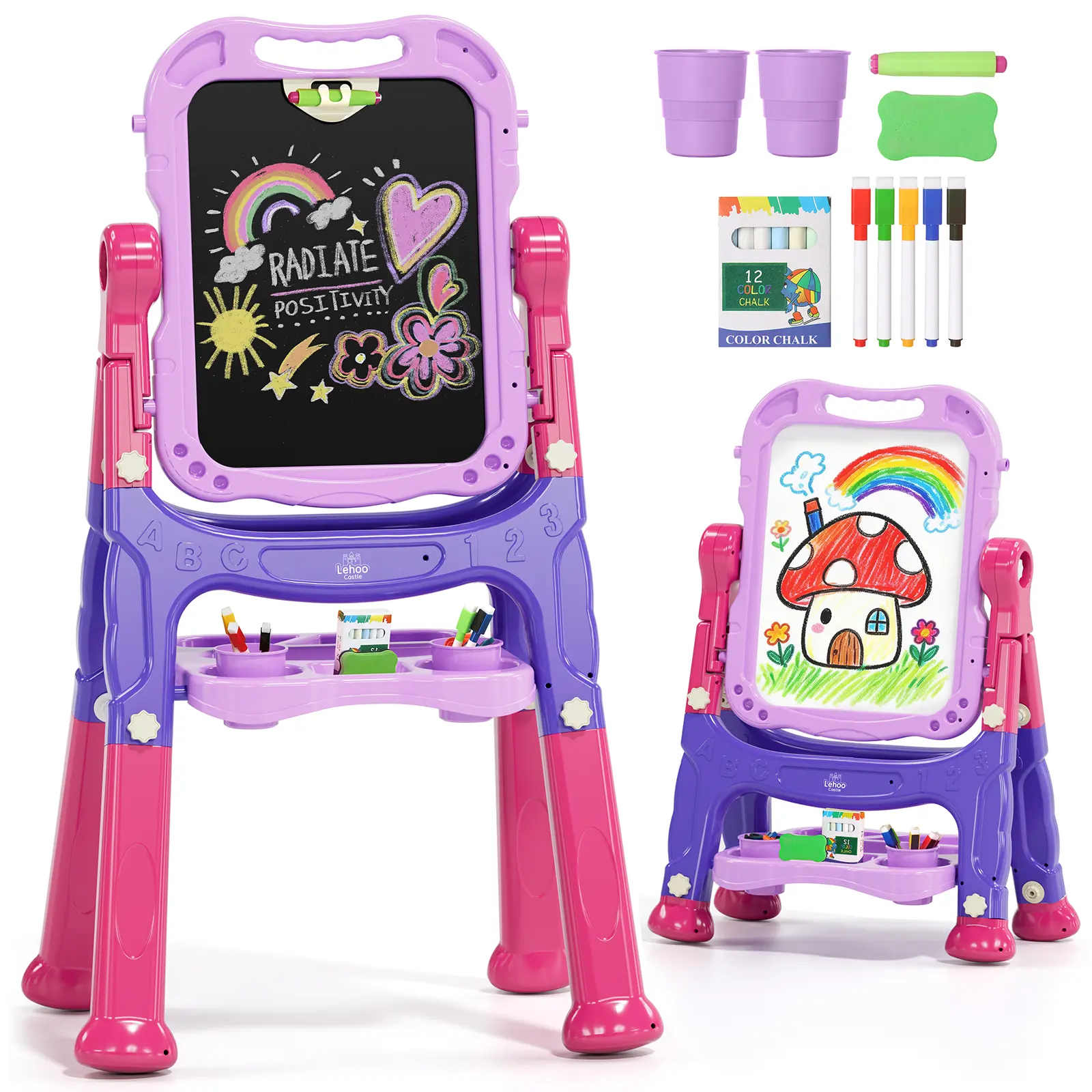 Lehoo Castle Kids' Adjustable Height Rotating Double-Sided Art Easel - Magnetic Whiteboard, Chalkboard, High-Strength PP Build, Safe, Easy to Assemble, Chalk Calligraphy & Craft Accessories, Children's Crafts & Learning Materials Toy,familyfun