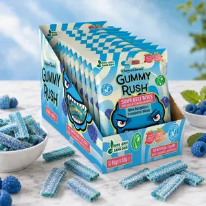 Gummy Rush Sour Belt Bites Blue Raspberry Candy Pack, Tangy Blue Raspberry Chewy Candy, Vegan Sour Gummies, 12 x 60g Bags
