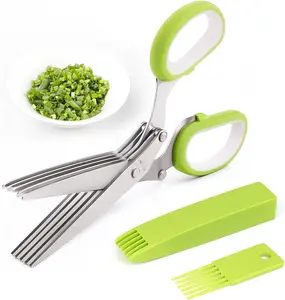 Herb Scissors With 5 Blades and Cover - Multipurpose Kitchen Shears for Cutting and Stripping - Dishwasher Safe, Green