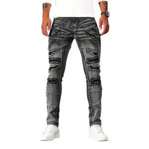 Distressed Skinny Denim Jeans with Textured Ripped Panels – Trendy Pick for Casual & Street Style