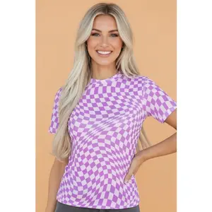 CHECKER MESH MOCK NECK SHORT SLEEVE T-SHIRT