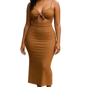 Solid Knot Front Cami Dress Minimalist Women's Casual Sleeveless Summer Comfort Basic Style with Spaghetti Straps - Comfortable, Womenswear Simple Womenswear Comfortable Elegance Formal Party Sexy