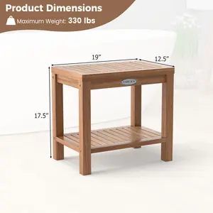 COSTWAY - 19 Inch Teak Wood Shower Bench Inside Shower Stool with Storage Shelf