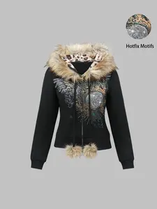 Y2K Millennium Fairy Heart Wings Totem Print Knit Graphic Fitted Hoodie, Detachable Fur Collar, Rhinestone Embellished, Women's Casual Sweatshirt, Aesthetic, Womenswear
