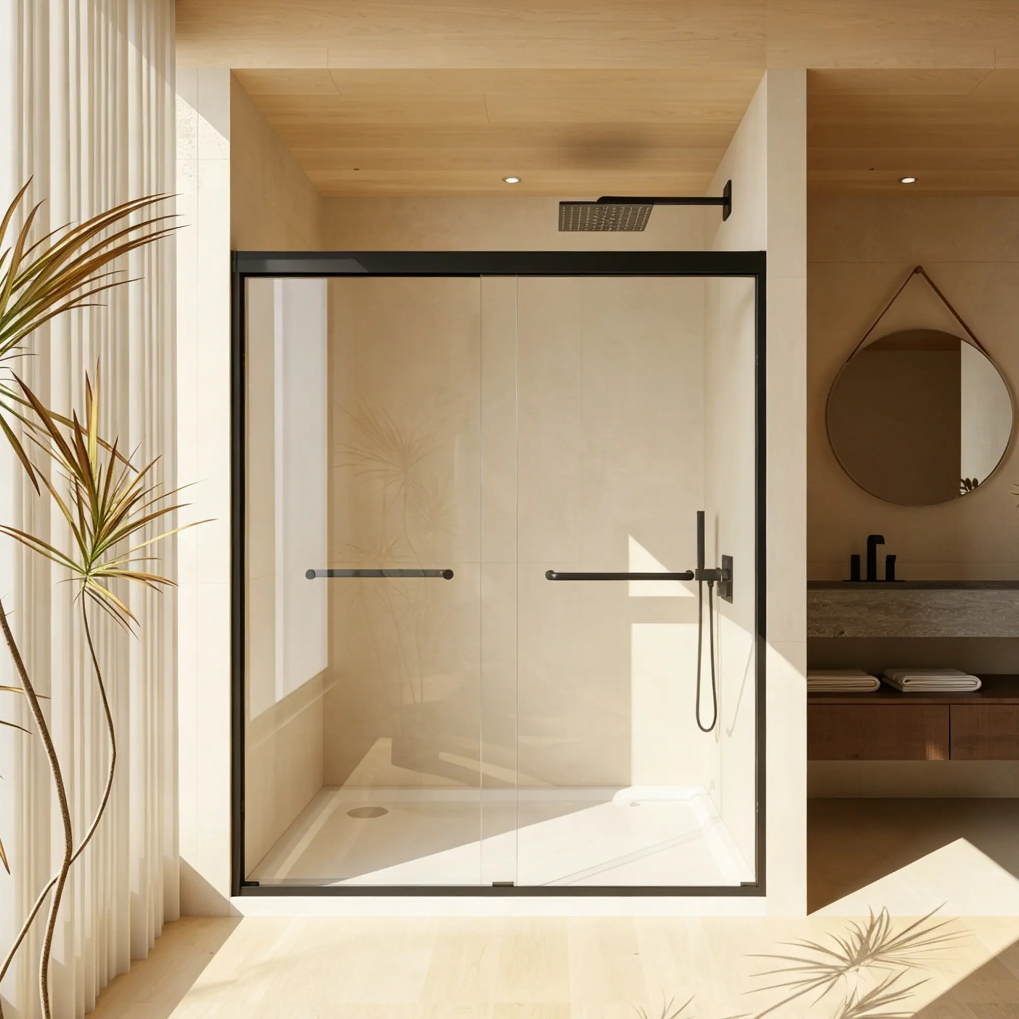 Double Sliding Shower Door with Aluminum Frame and Tempered Glass, Stainless Steel Handle, Matte Black Finish