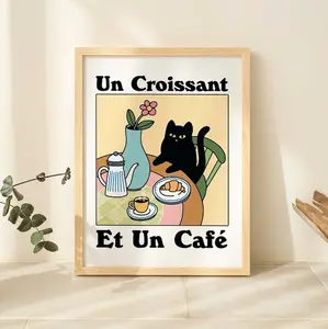 French Cafe Croissant Cat Print, Retro Drink Poster, Bistro Coffee Posters,  Kitchen Decor, Unique Posters, UNFRAMED Wall Waterproof