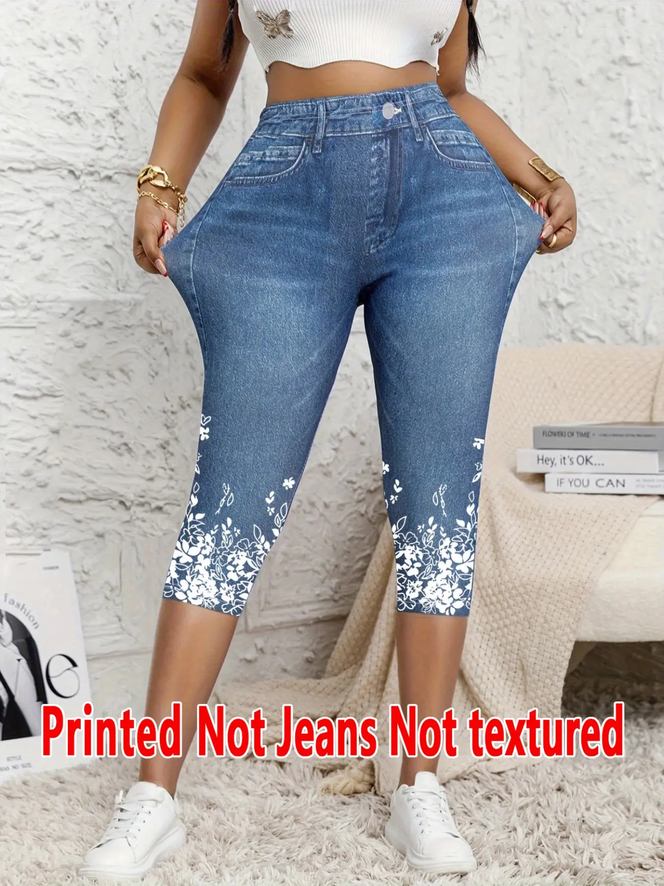 Women's Printed Tight-Fitting High Waist Skinny Pants, Non-Denim Fabric, Seven-Inch Leggings, Faux Denim Print, All-Season Wear, Comfortable and Stylish, Streetwear, Womenswear, Bottom