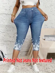 Women's Printed Tight-Fitting High Waist Skinny Pants, Non-Denim Fabric, Seven-Inch Leggings, Faux Denim Print, All-Season Wear, Comfortable and Stylish, Streetwear, Womenswear, Bottom